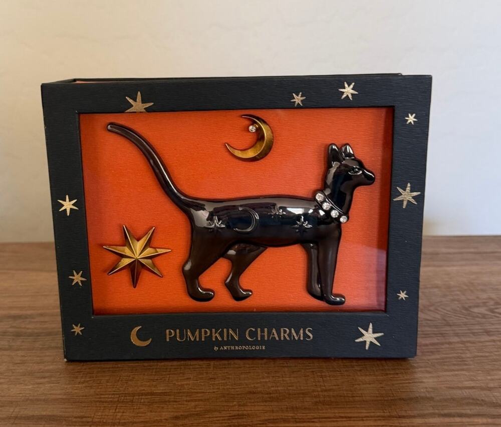 Anthropologie Halloween Pumpkin Charm Glossy Black Cat, Moon, Star